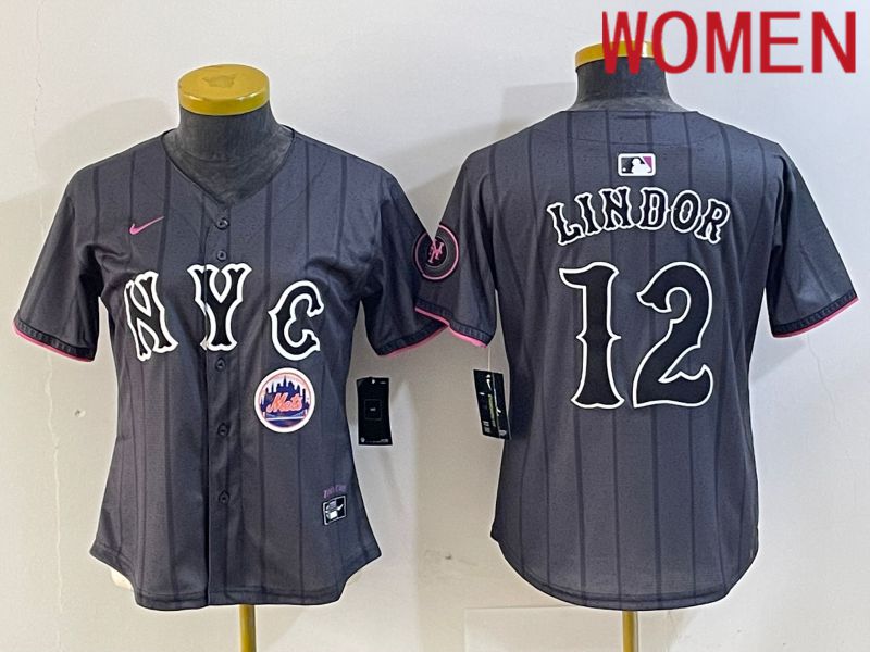 Women New York Mets #12 Lindor Black City Edition 2024 Nike MLB Jersey style 2->->Women Jersey